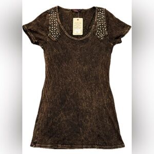 T Party Fashion Brown Studded Short Sleeve Top